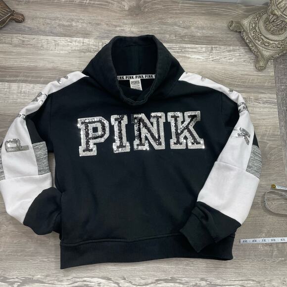 VS Pink S Sweatshirt Mock Neck Sequin Silver White Black Gray Victoria Secret - Picture 1 of 16